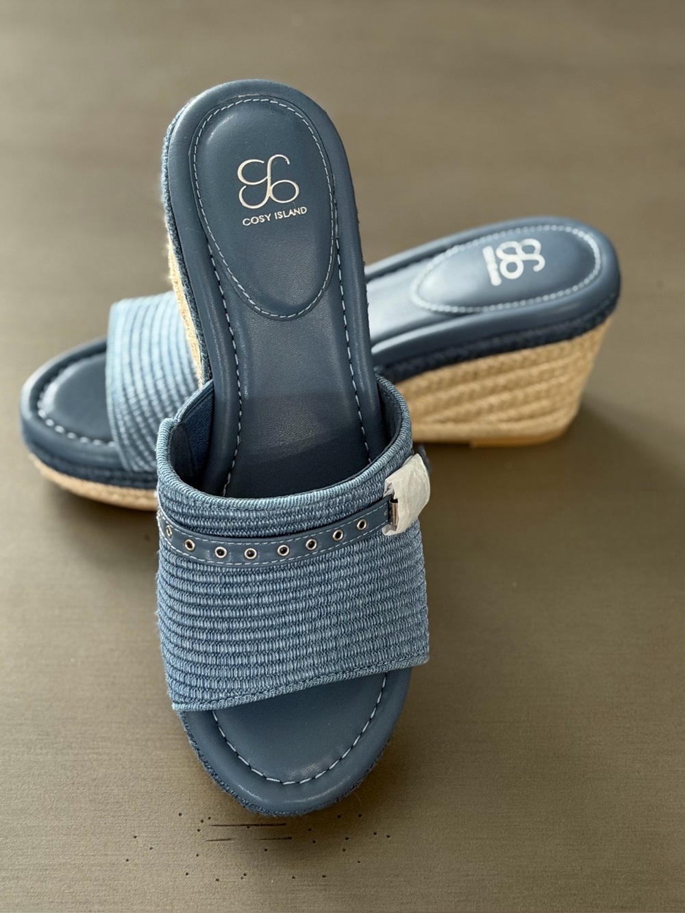 Cosy Island Blue Wedge Slide Sandals